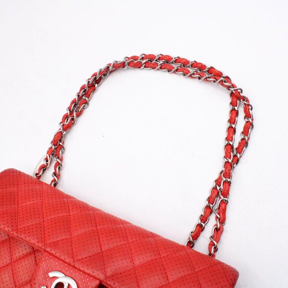 Pre-Owned, Restored CHANEL Perforated Leather Flap Shoulder Bag in Red/Silver - Picture 9 of 16